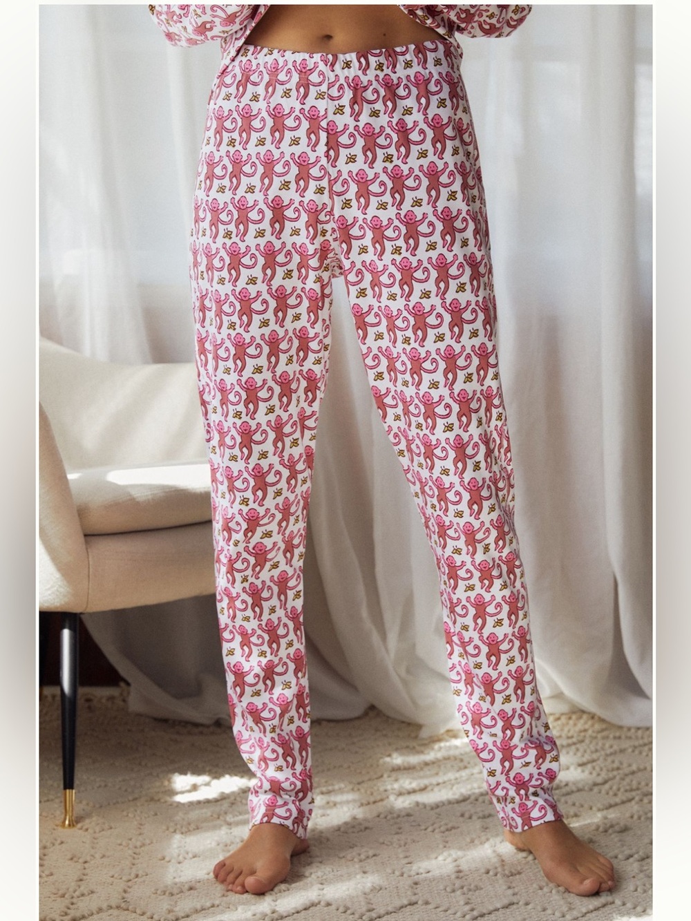Roberta Roller Rabbit Monkey Pajama Pants Bottoms Women’s M White Pink